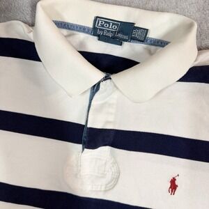 Polo Ralph Lauren Shirt Mens XXL White Navy Blue Striped Short Sleeve Pique Polo